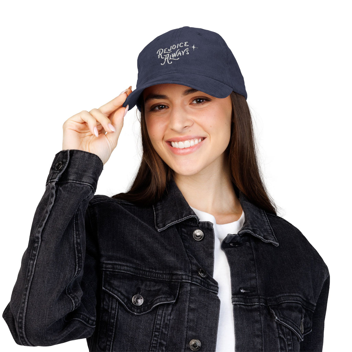 Corduroy Embroidered Cap — "Rejoice Always" Vintage Dad Hat