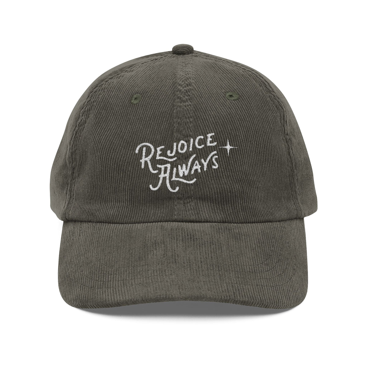 Corduroy Embroidered Cap — "Rejoice Always" Vintage Dad Hat